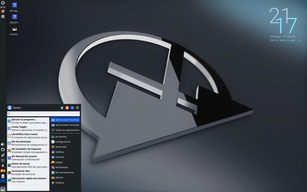 Escritorio de MX Linux con el escritorio desplegado.