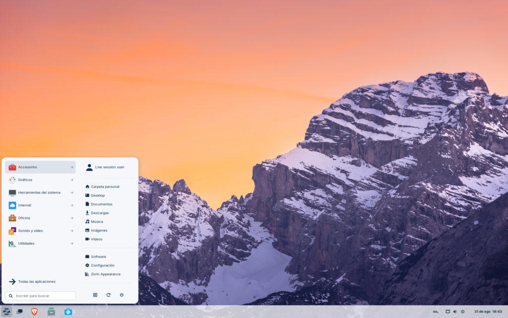 Escritorio de Zorin OS con el menú desplegado.