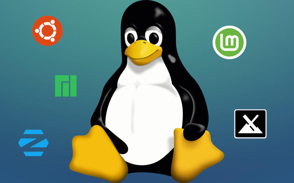Logotipos de varias distros linux: Ubuntu, Linux Mint, Manjaro, MX Linux y Zorin OS respectivamente. En el centro se encuentra una imagen de Tux.
