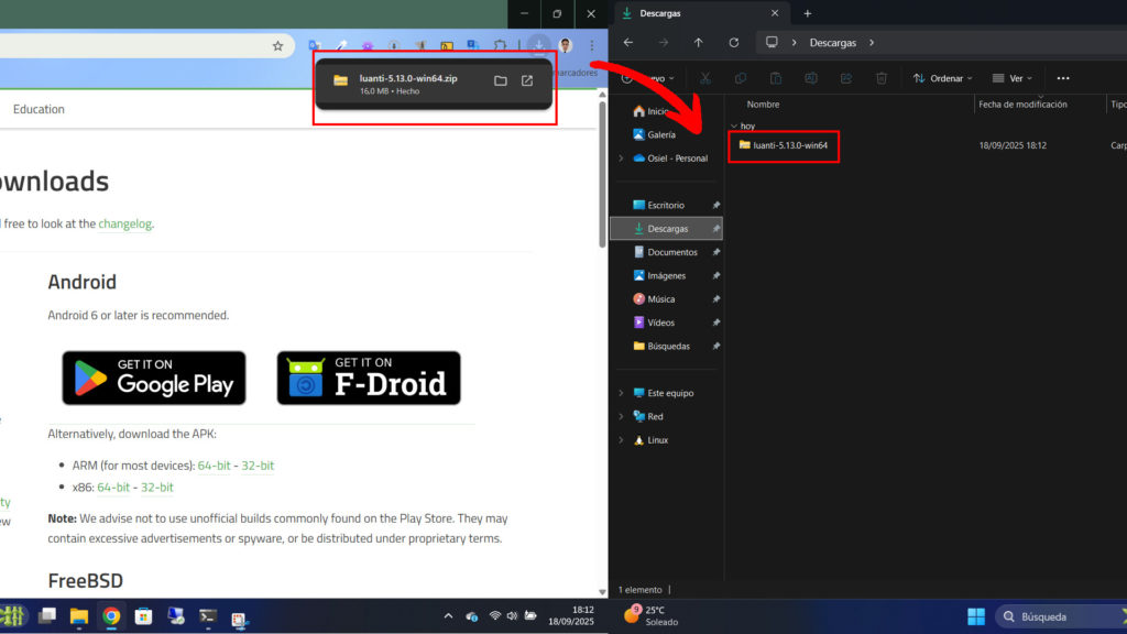Descarga completa de Luanti en el navegador y en el gestor de archivos.