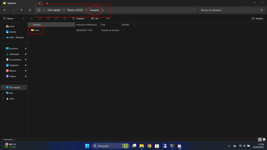 Crear carpeta de usuario en la carpeta Usuarios de la partición D:.