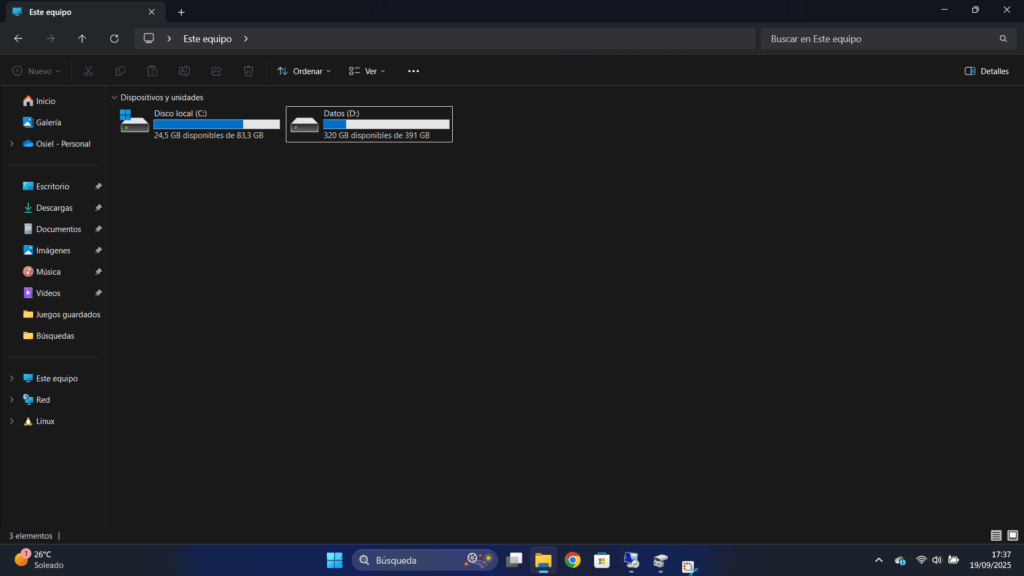 Particiones del disco en el gestor de archivos de Windows.