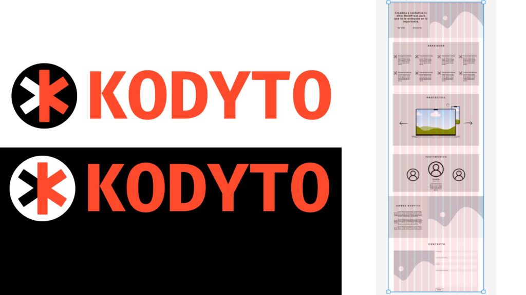 Logos de Kodyto en blanco y en negro junto al archivo con el diseño de la nueva web.