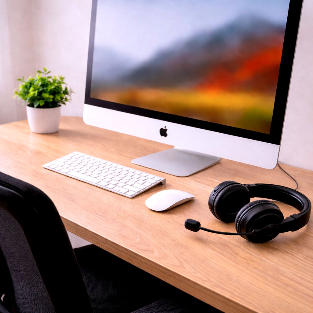 Ordenador de escritorio. En la misma mesa hay unos cascos de un lado, y al otro una pequeña plantita.